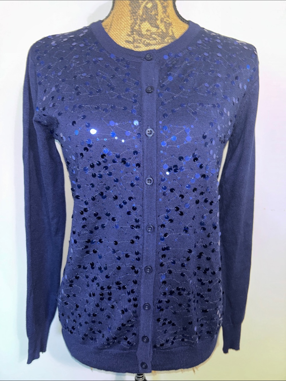 Navy Sequin Button-Front Women's Sweater- Melrose Chic NY